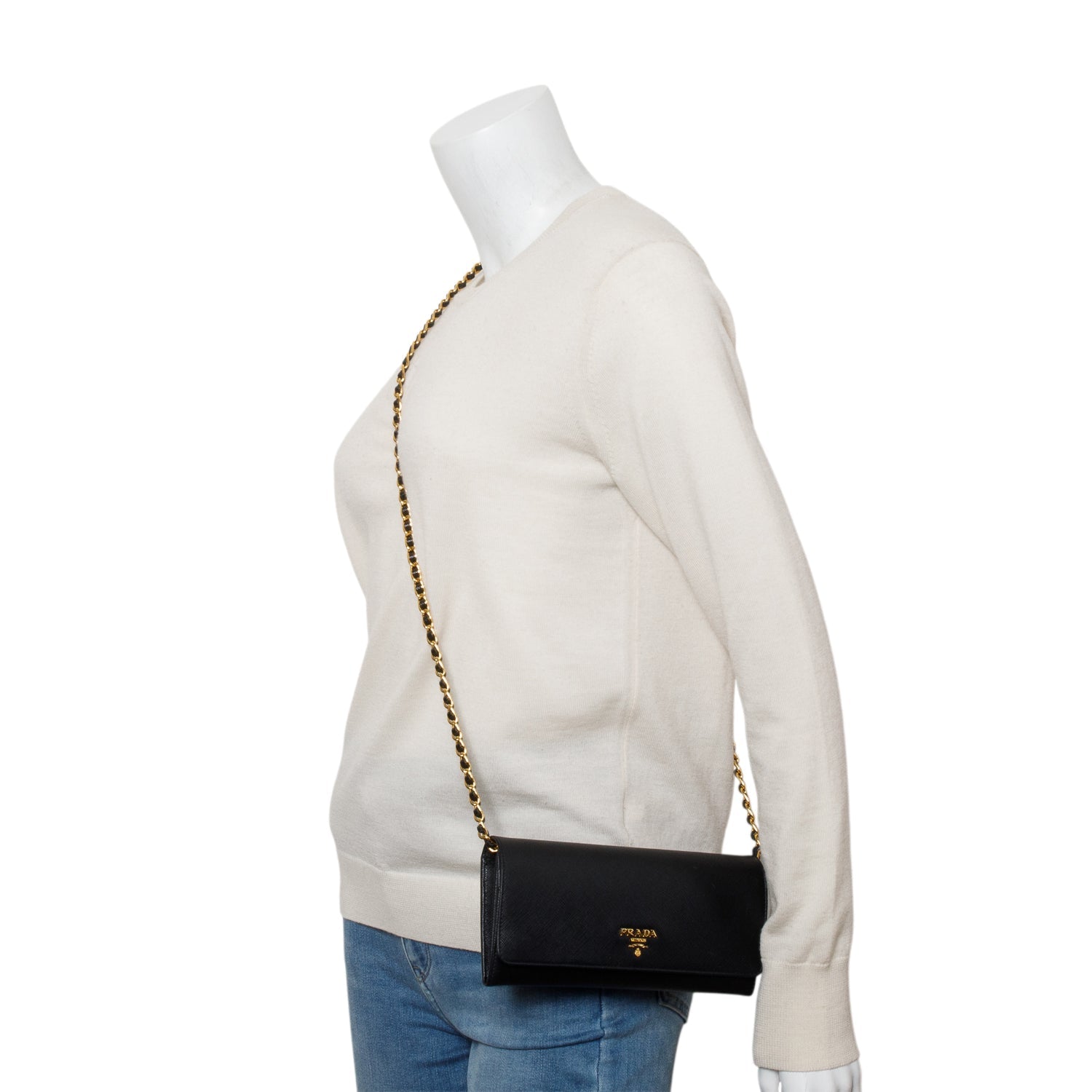 Prada Black Saffiano Metal Continental Wallet on Chain