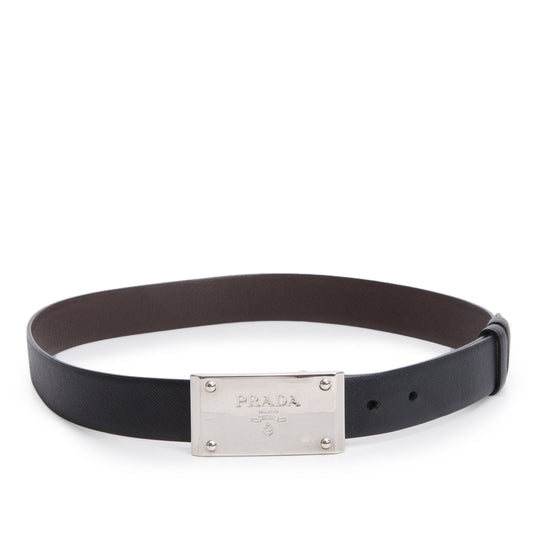 Prada Black/Brown Leather Rectangle Buckle Reversible Belt 85 34