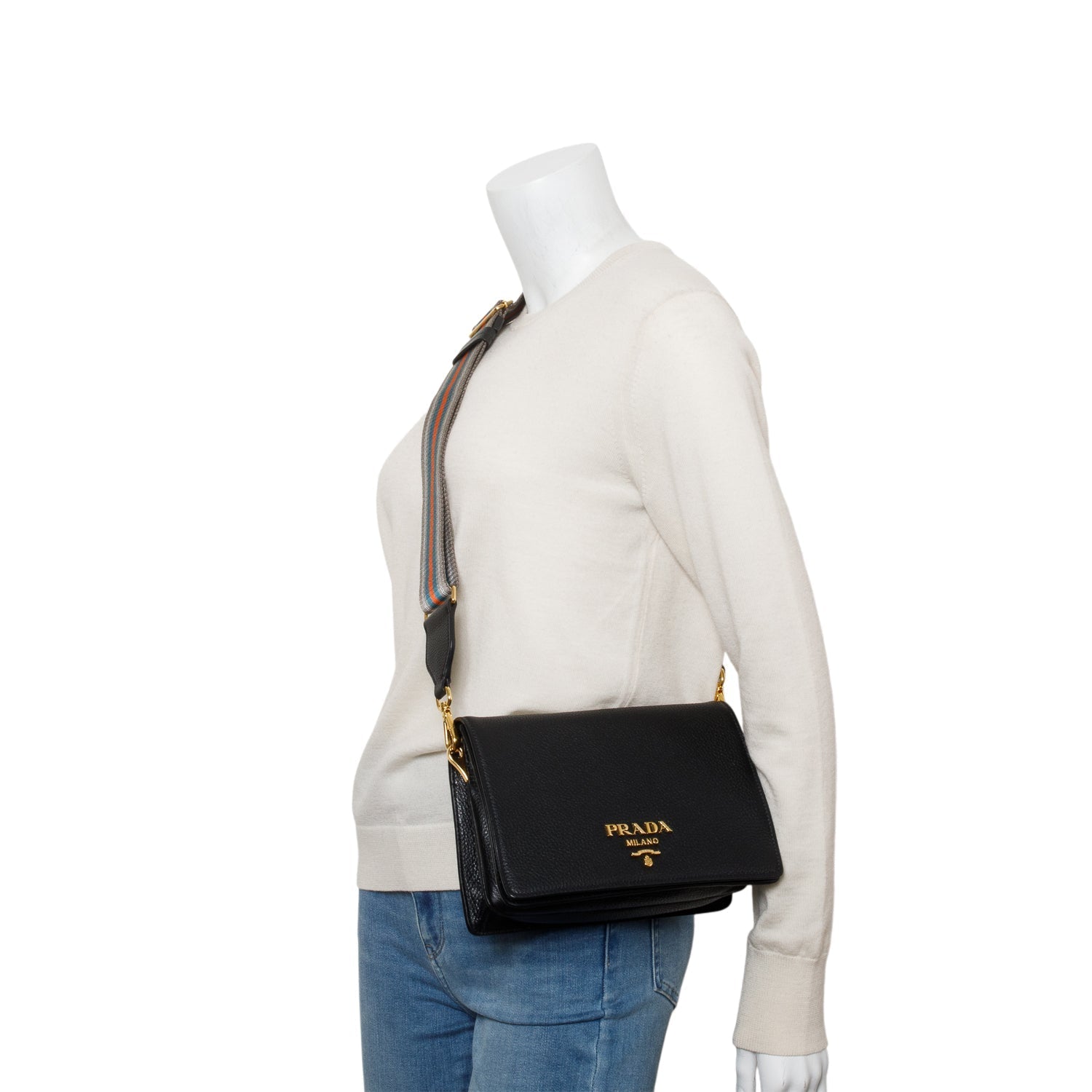 Prada Black Vitello Daino Phenix Flap Crossbody Bag