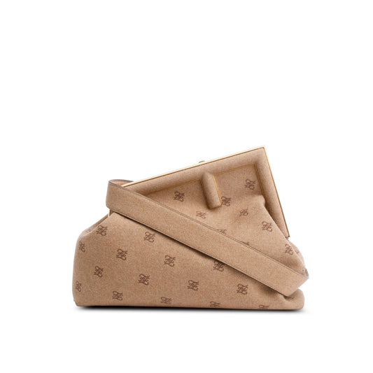 Fendi Beige Flannel Karligraphy Embroidered Medium First Bag