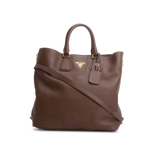 Prada Brown Vitello Daino Leather Side Zip Shopping Tote