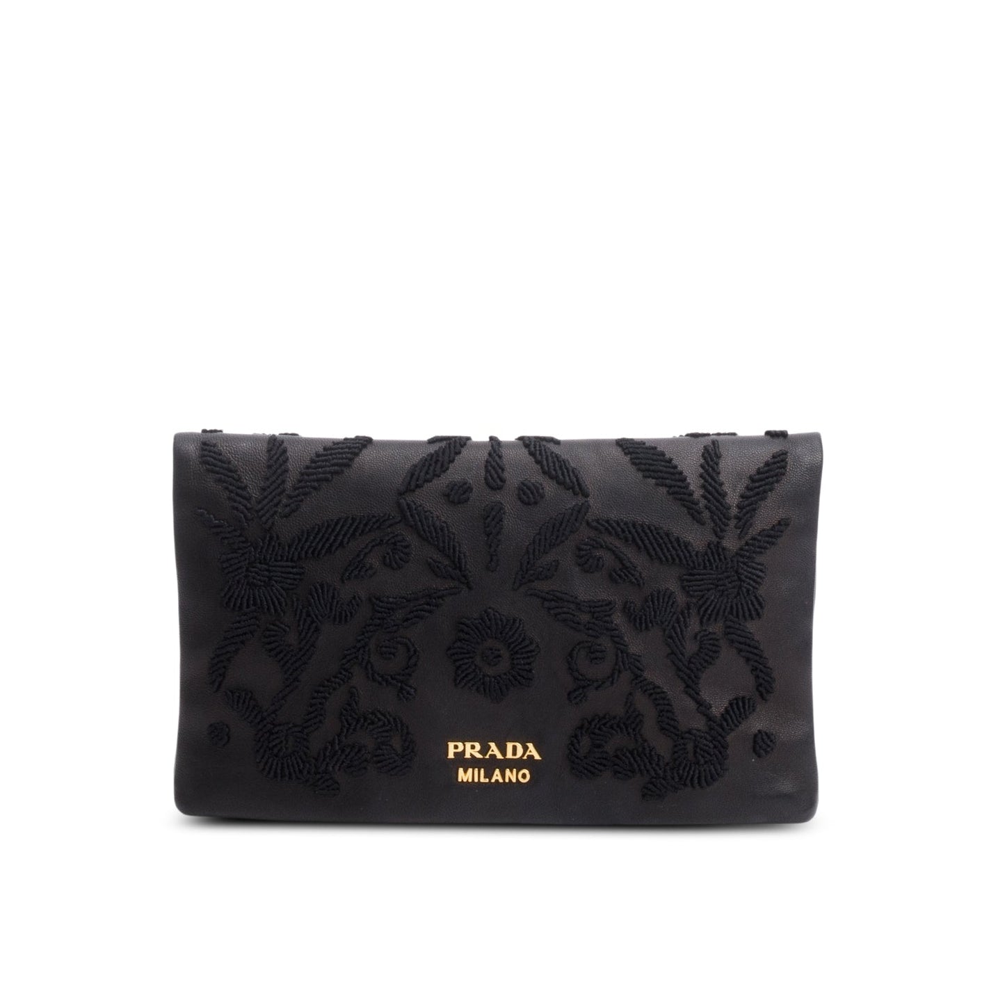Prada Black Nappa Ricamo Flap Clutch