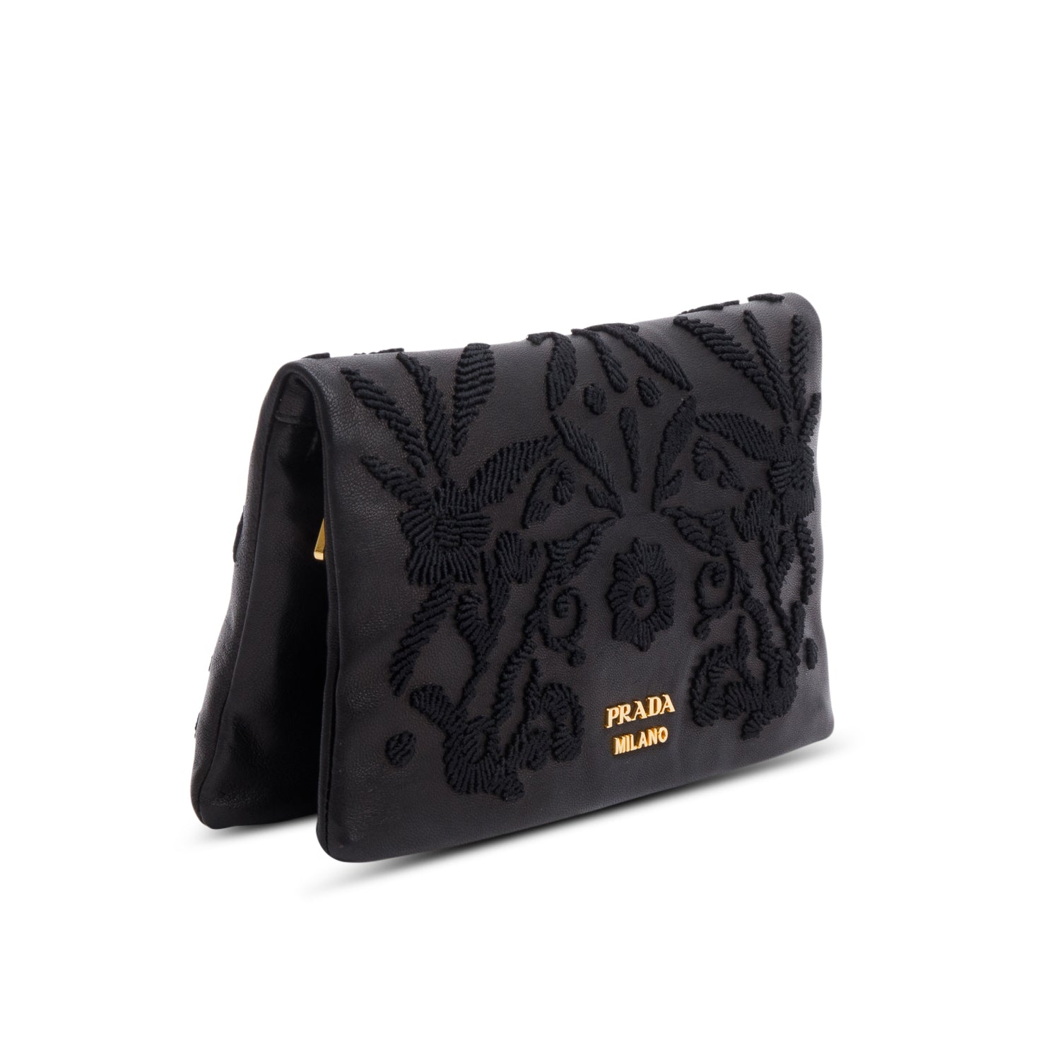 Prada Black Nappa Ricamo Flap Clutch
