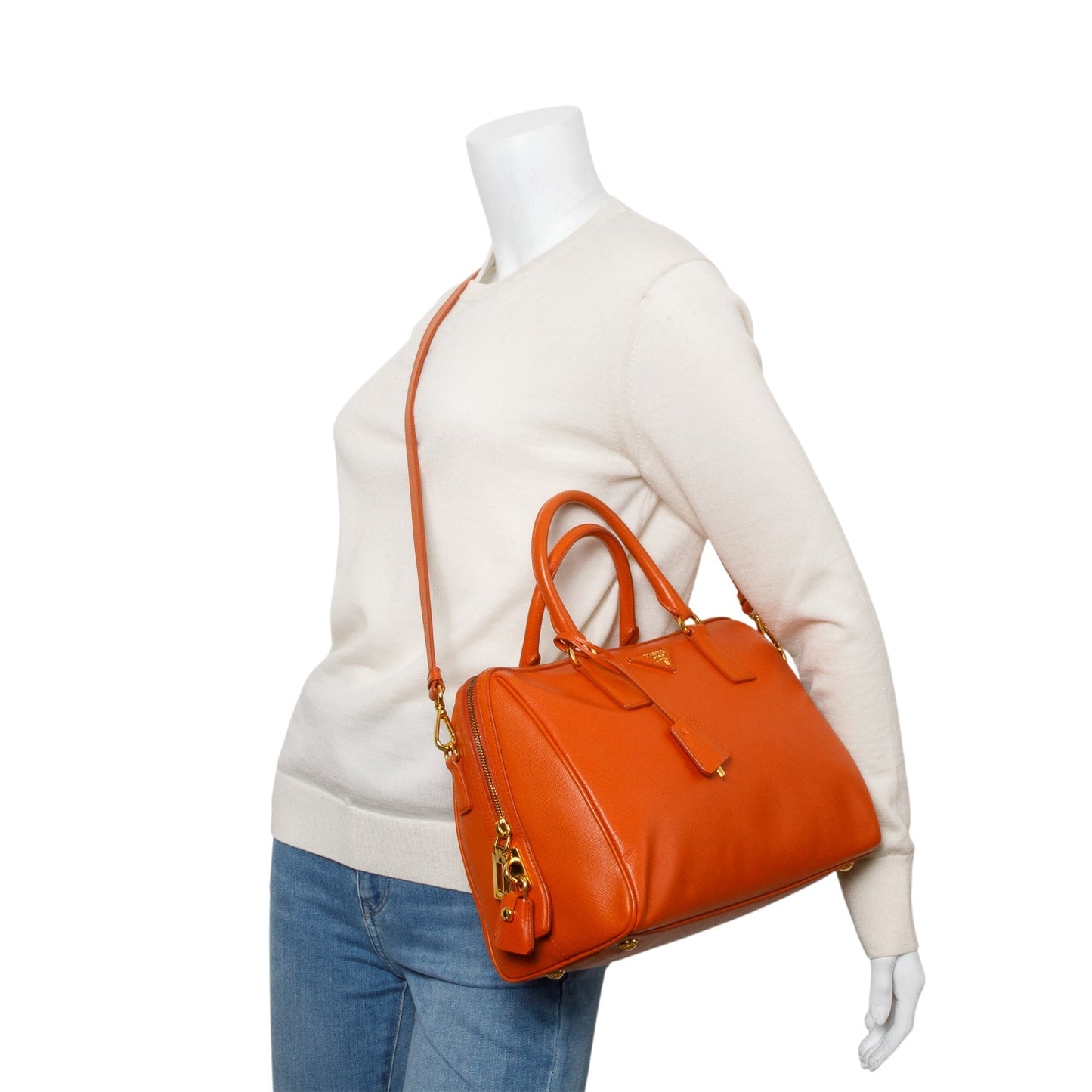 Prada Orange Saffiano Lux Leather Bauletto Bag
