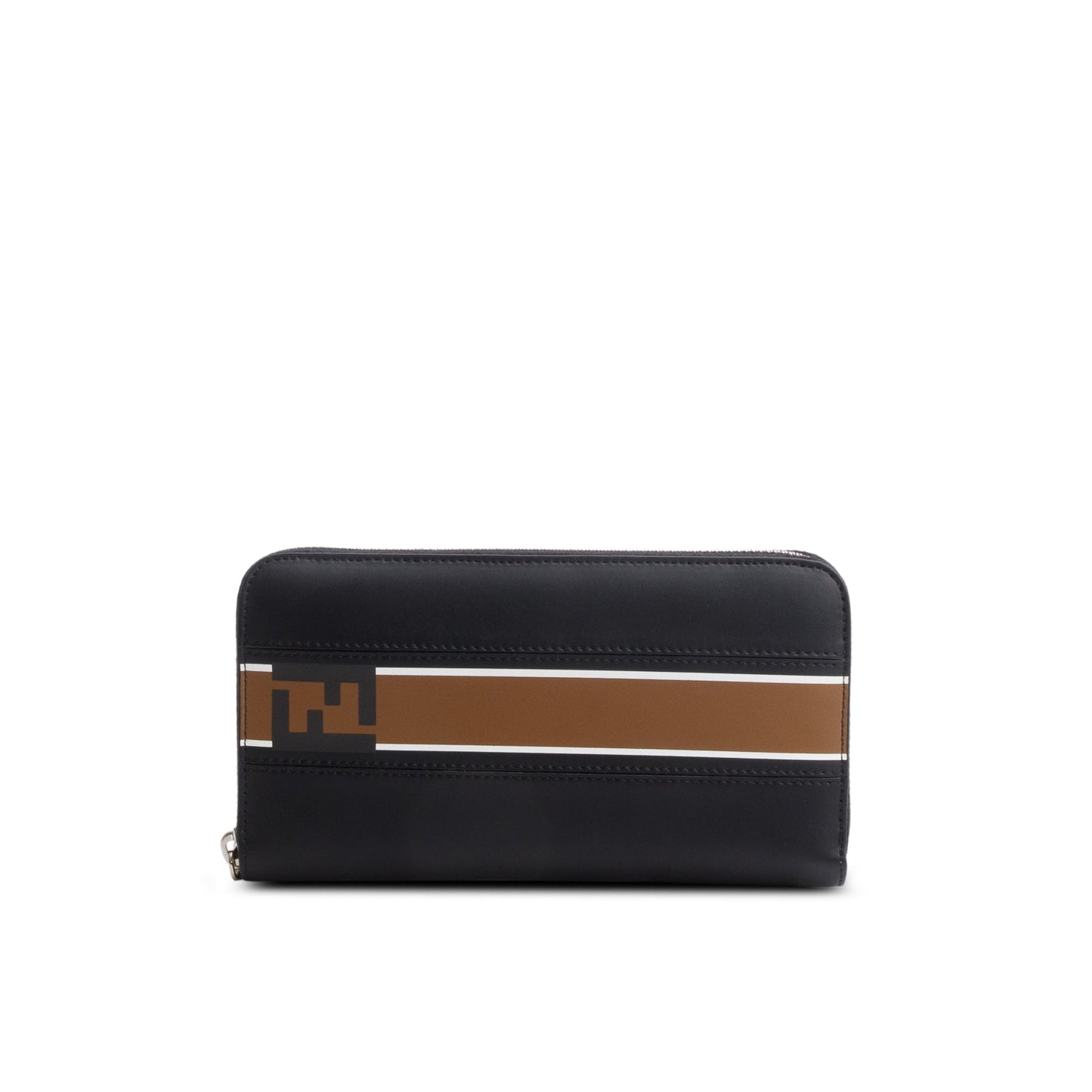 Fendi Black/Bworn Leather FF Logo Large Zip Around Wallet