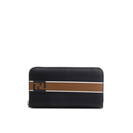 Fendi Black/Bworn Leather FF Logo Large Zip Around Wallet