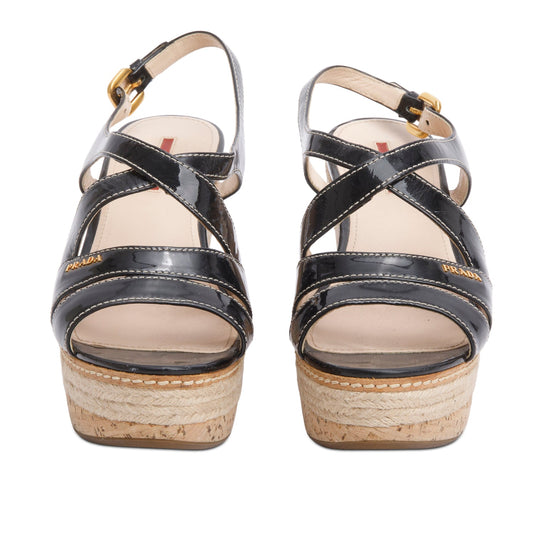Prada Black Patent Leather Cork Sling Back Platform Wedge Sandals, Size 39.5