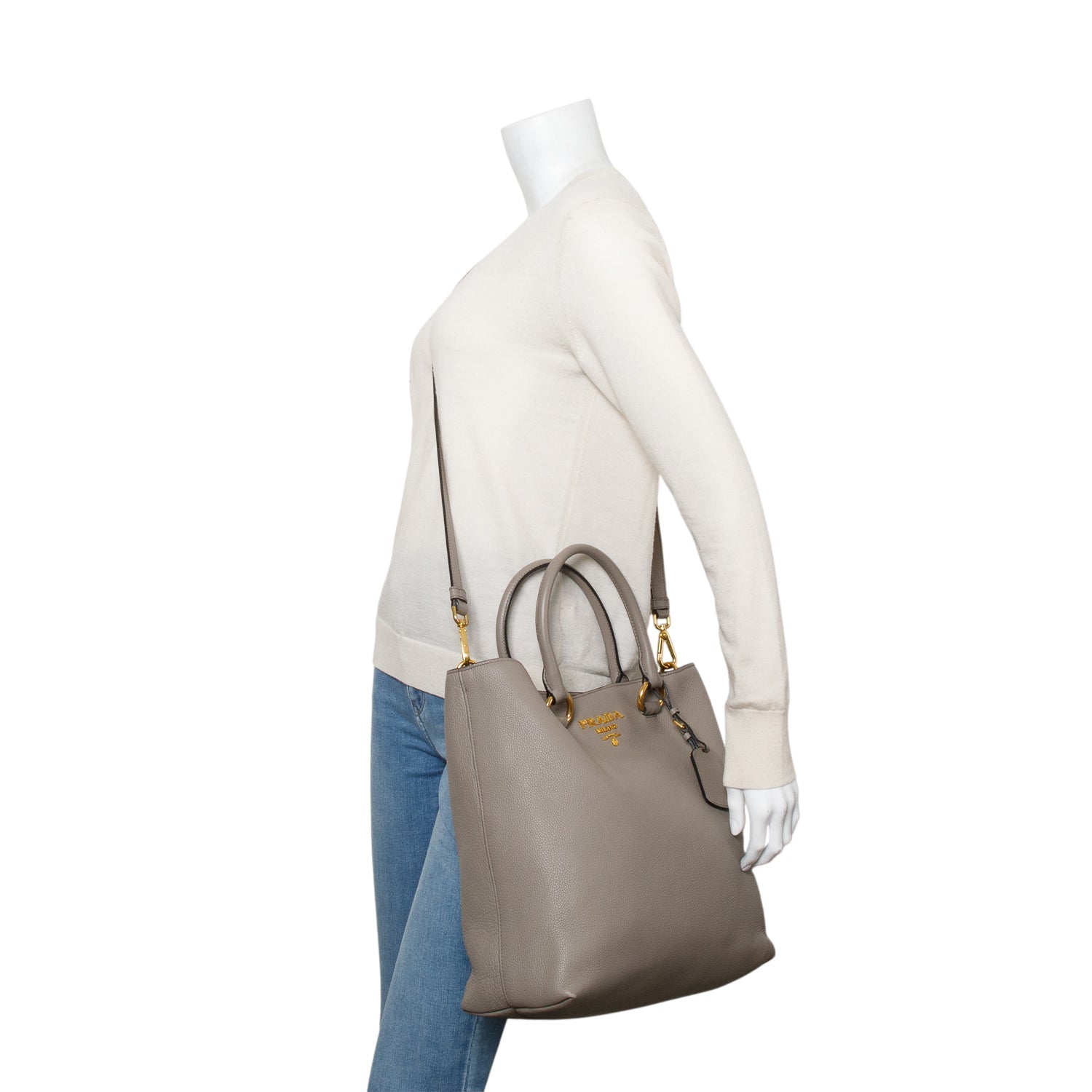 Prada Grey Vitello Phenix Convertible Shopper Tote