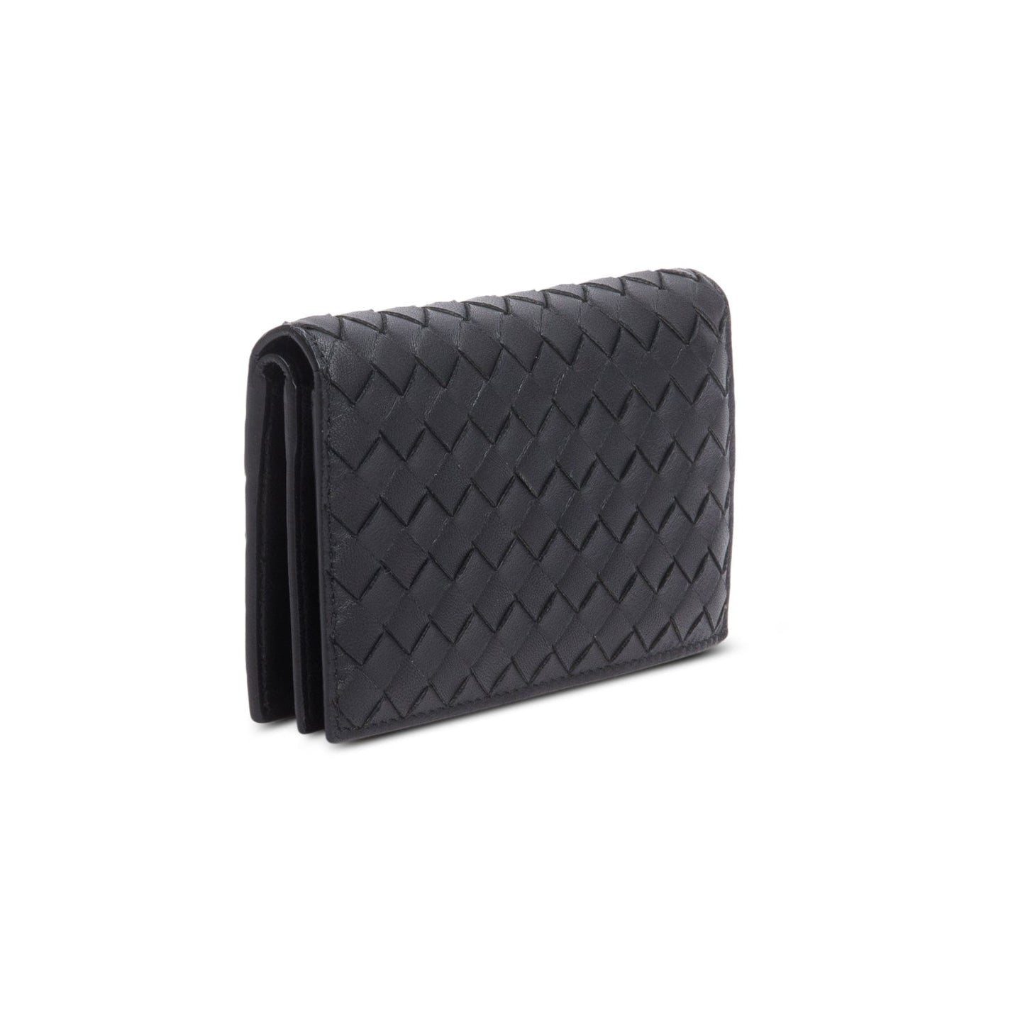 Bottega Veneta Black Intrecciato Calfskin Leather Bi-Fold Compact Wallet