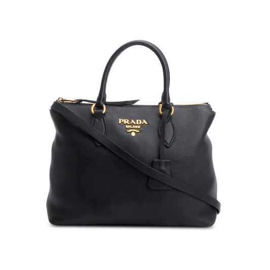 Prada Black Vitello Daino Small Zip Tote