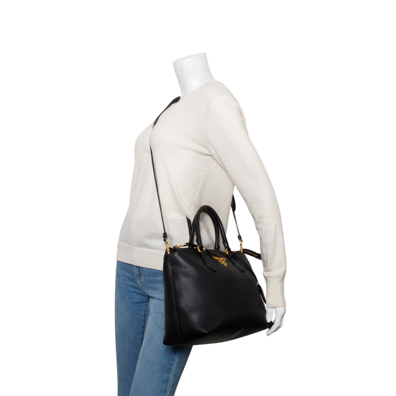 Prada Black Vitello Daino Small Zip Tote