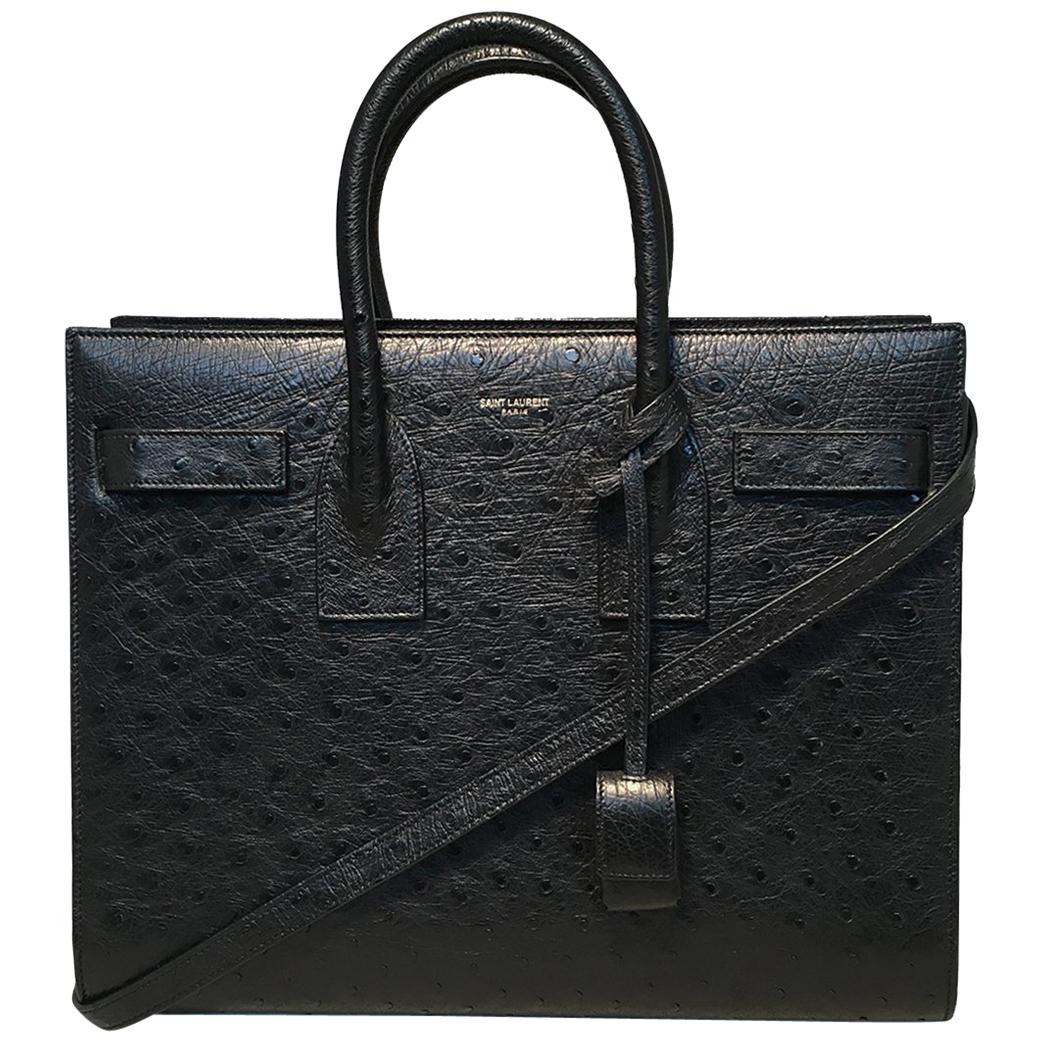 Yves Saint Laurent NWOT YSL Black Ostrich Small Sac Du Jour HandBag