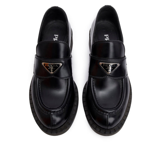 Prada Black Brushed Calfskin Leather Metal Triangle Logo Loafers