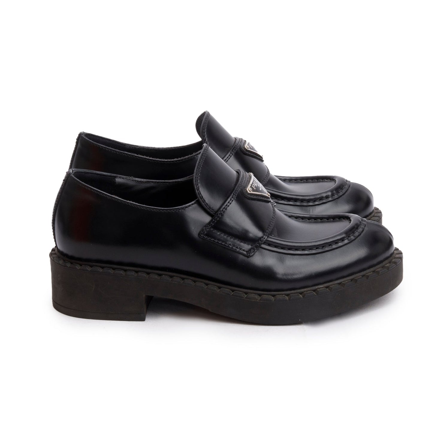 Prada Black Brushed Calfskin Leather Metal Triangle Logo Loafers