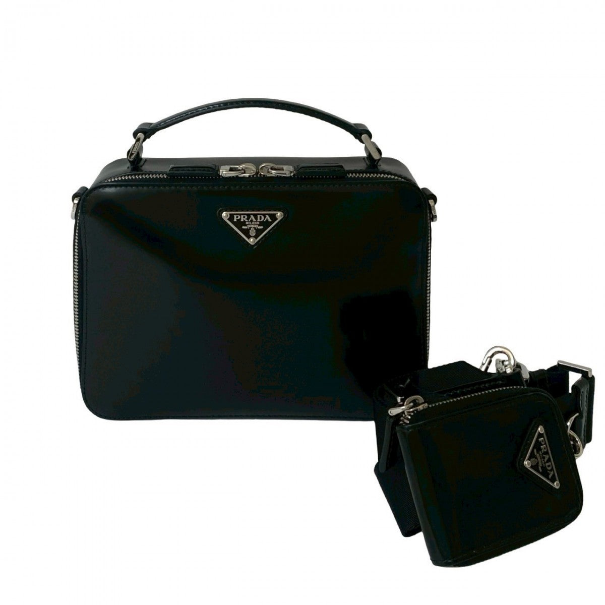 PRADA Shoulder Bag leather black Brick Brush