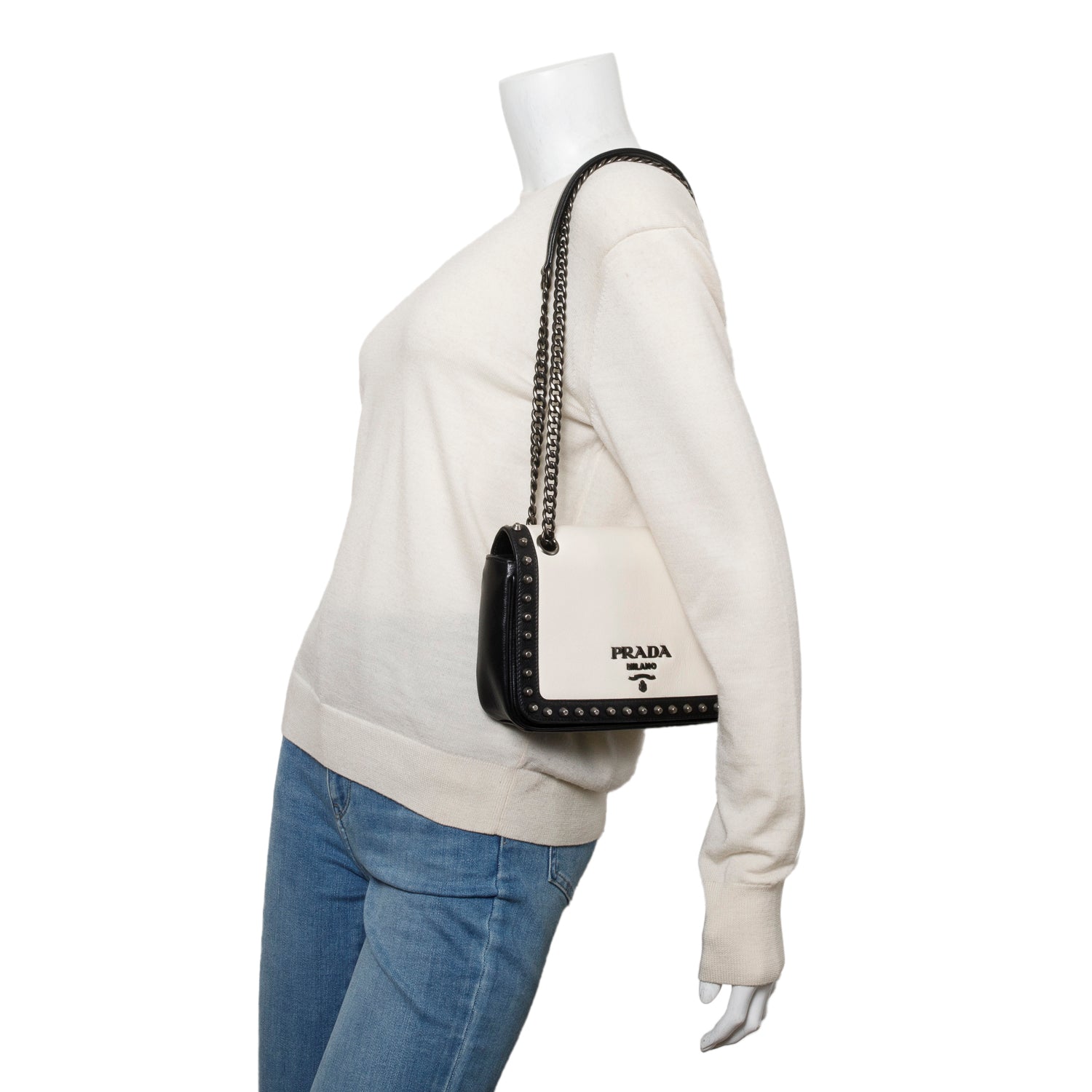 Prada Black/White Glace Calf Leather Studded Camera Crossbody Bag