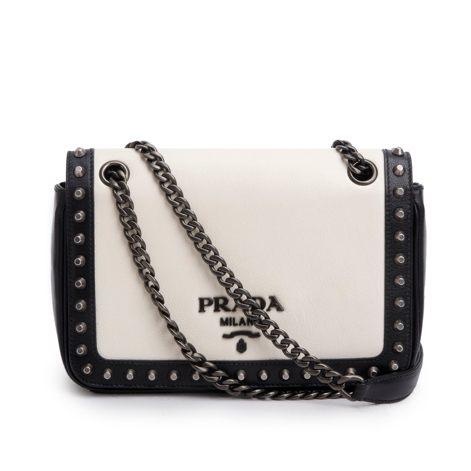 Prada Black/White Glace Calf Leather Studded Camera Crossbody Bag