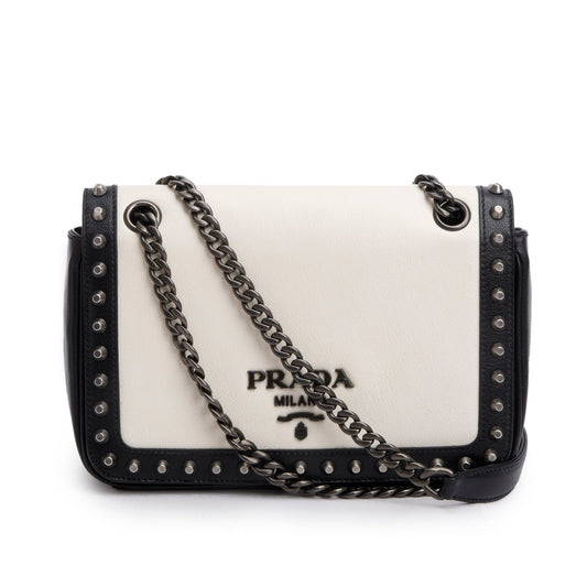 Prada Black/White Glace Calf Leather Studded Camera Crossbody Bag
