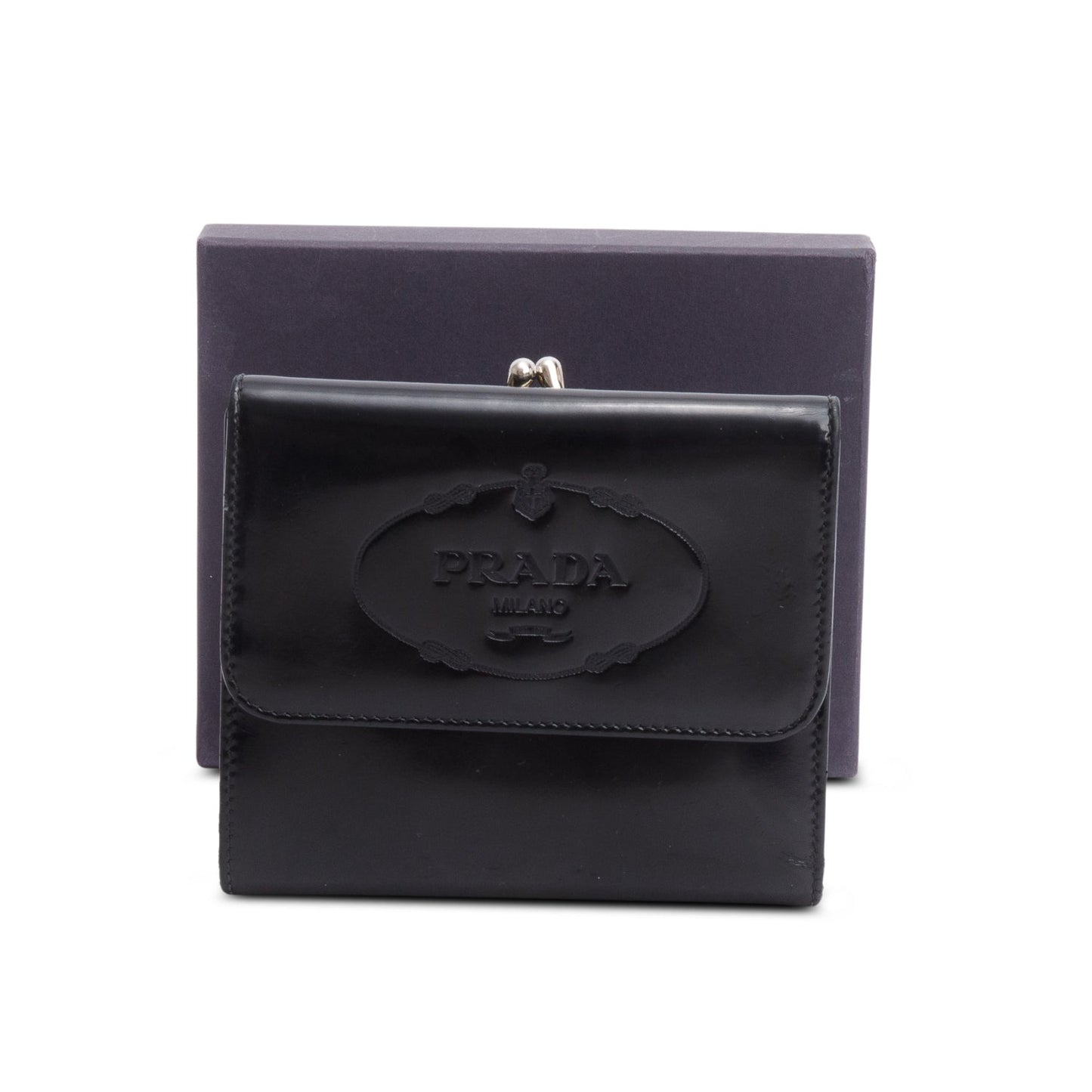Prada Black Spazzolato Trifold Compact Wallet