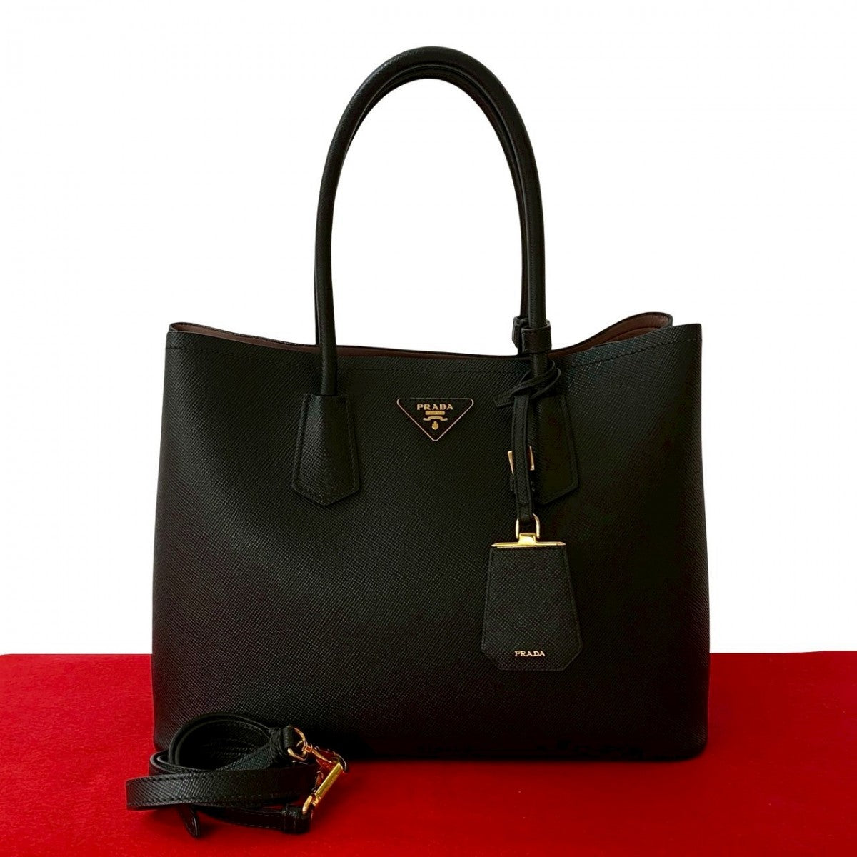 PRADA Shoulder Bag leather black Saffiano Cuir Double