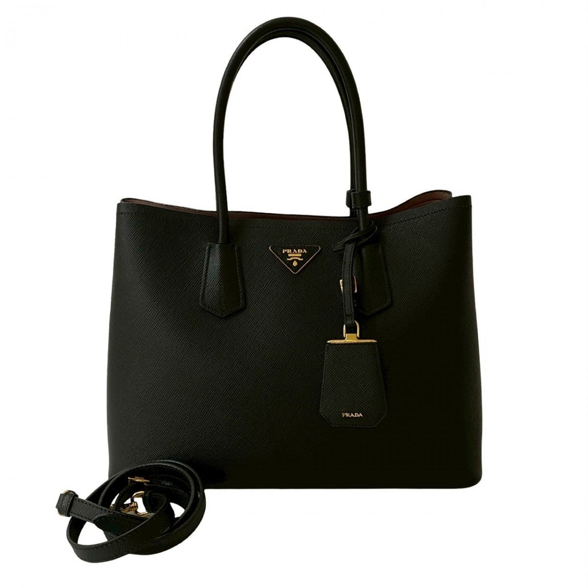 PRADA Shoulder Bag leather black Saffiano Cuir Double