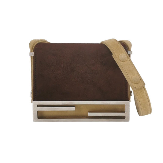 Fendi   Mini Bicolor Brown Suede Front Buckle Crossbody Bag