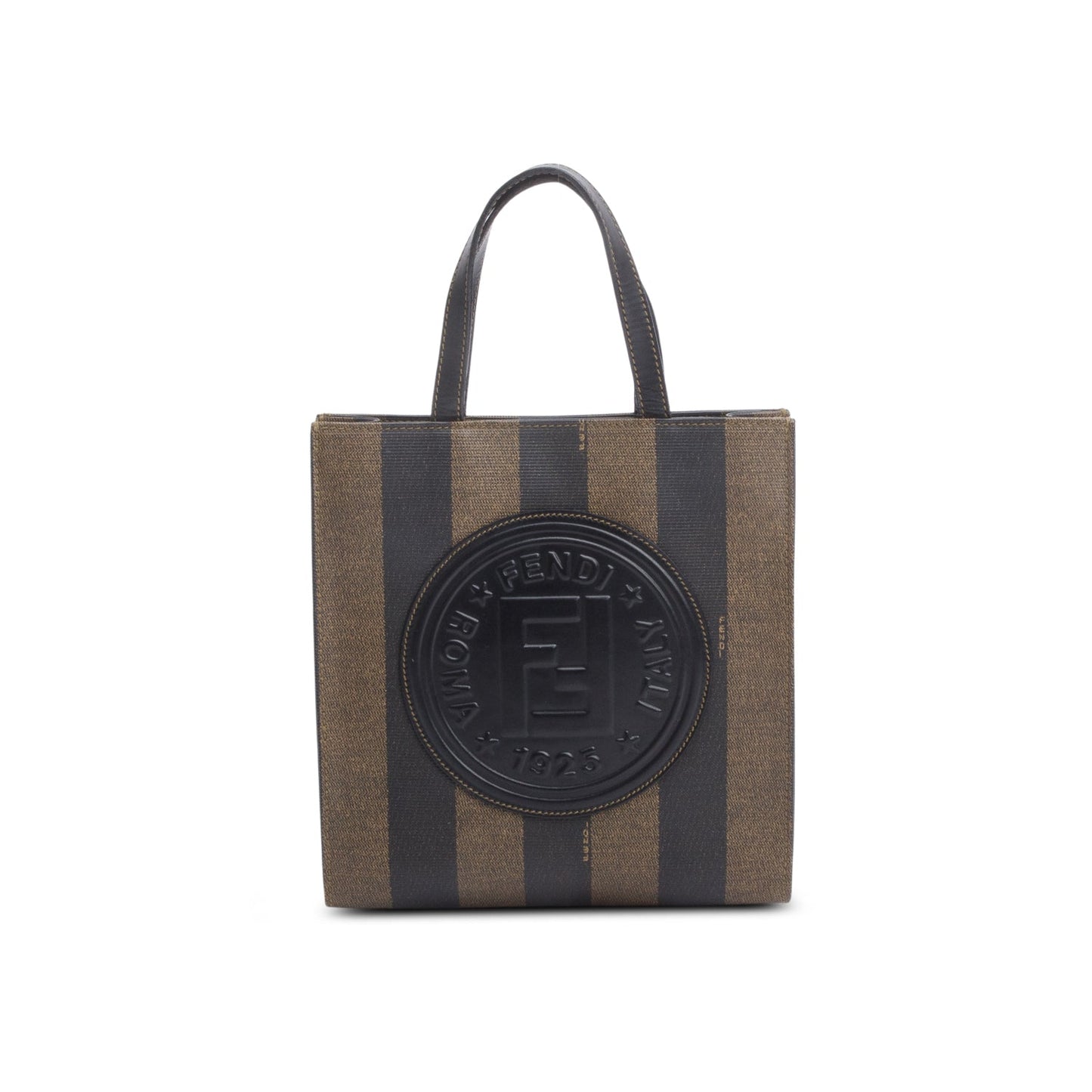 Fendi   Leather Trimmed Brown Pequin Logo Tote