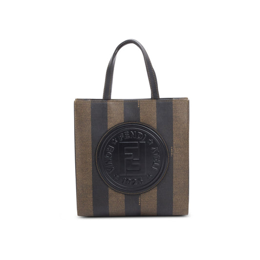 Fendi   Leather Trimmed Brown Pequin Logo Tote
