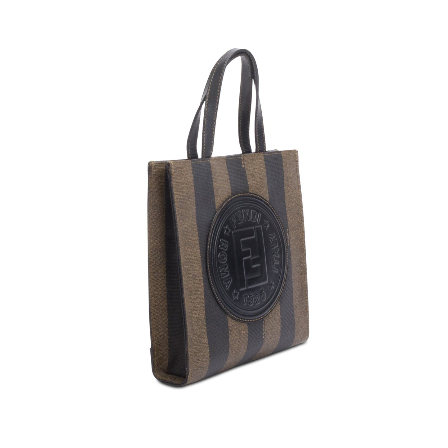 Fendi   Leather Trimmed Brown Pequin Logo Tote