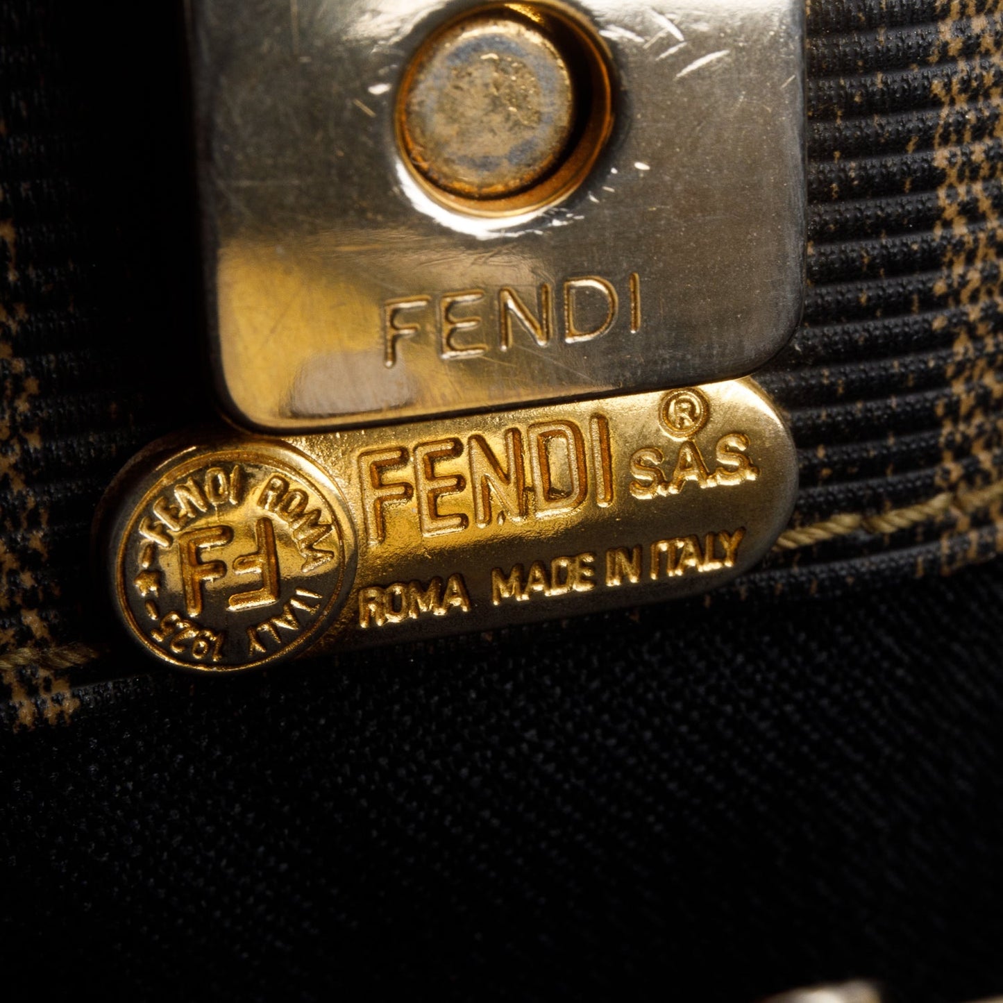 Fendi   Leather Trimmed Brown Pequin Logo Tote