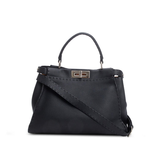 Fendi Black Cuioio Romano Selleria Medium Peekaboo Iconic Satchel