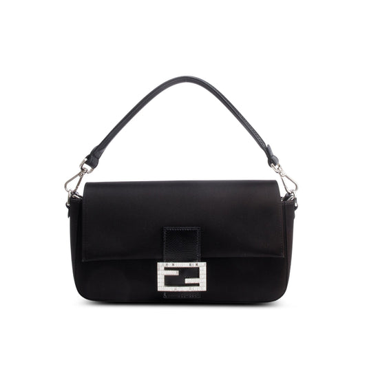 Fendi Black Satin Crystal Baguette
