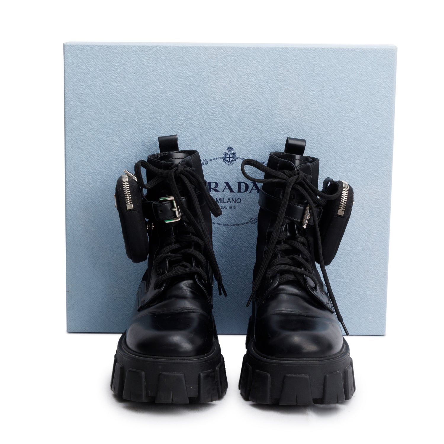 Prada Black Monolith Leather and Re-Nylon Boots with Pouch, Size 36.5
