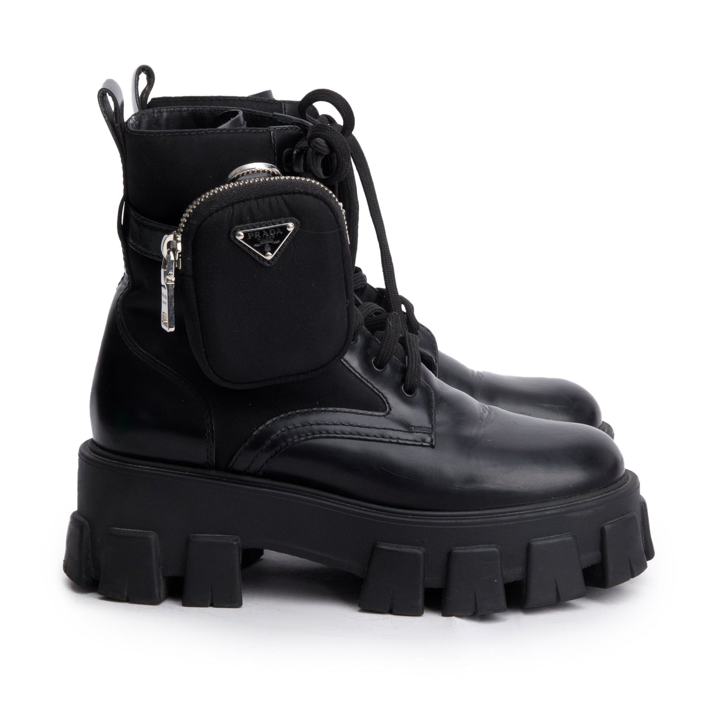 Prada Black Monolith Leather and Re-Nylon Boots with Pouch, Size 36.5