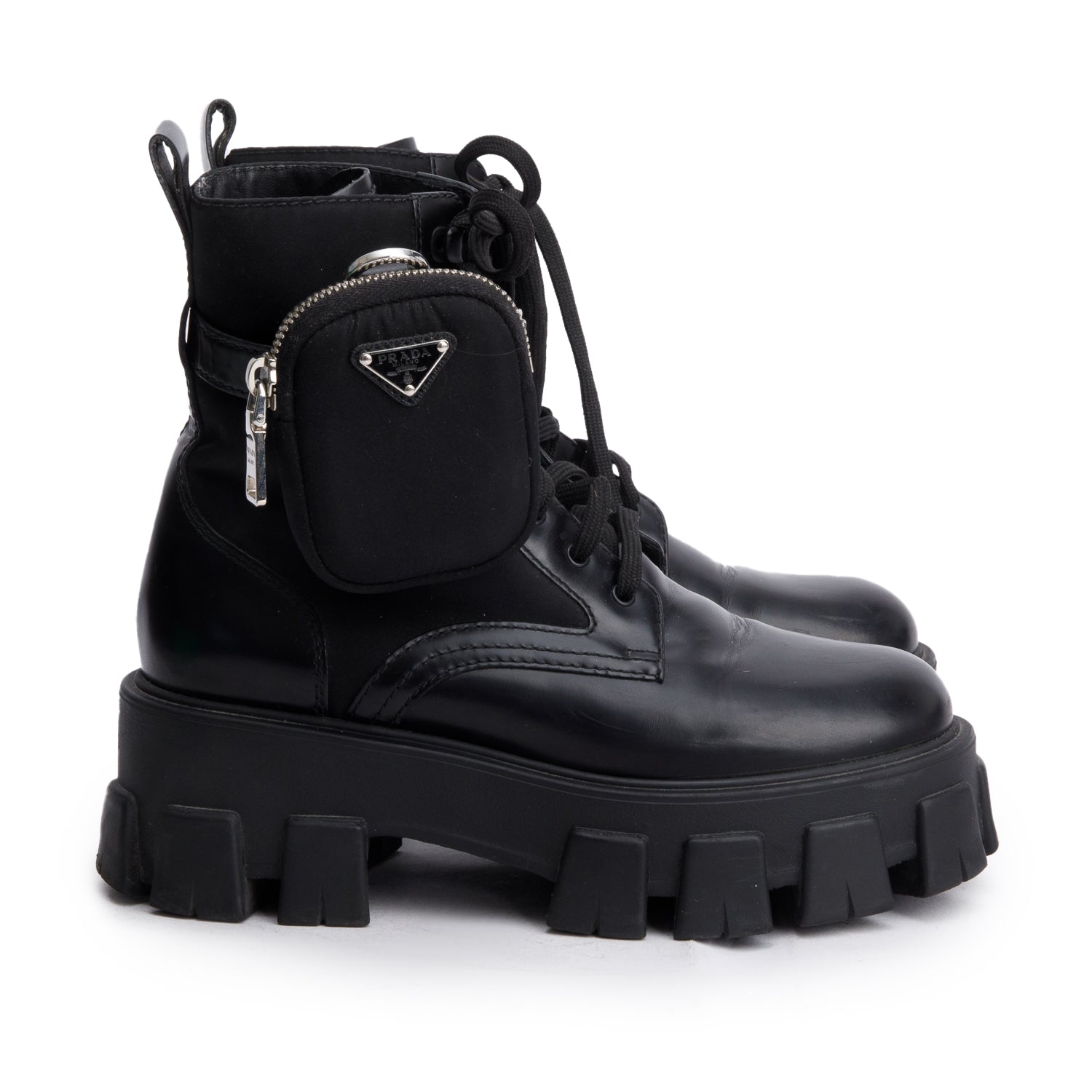 Prada Black Monolith Leather and Re-Nylon Boots with Pouch, Size 36.5