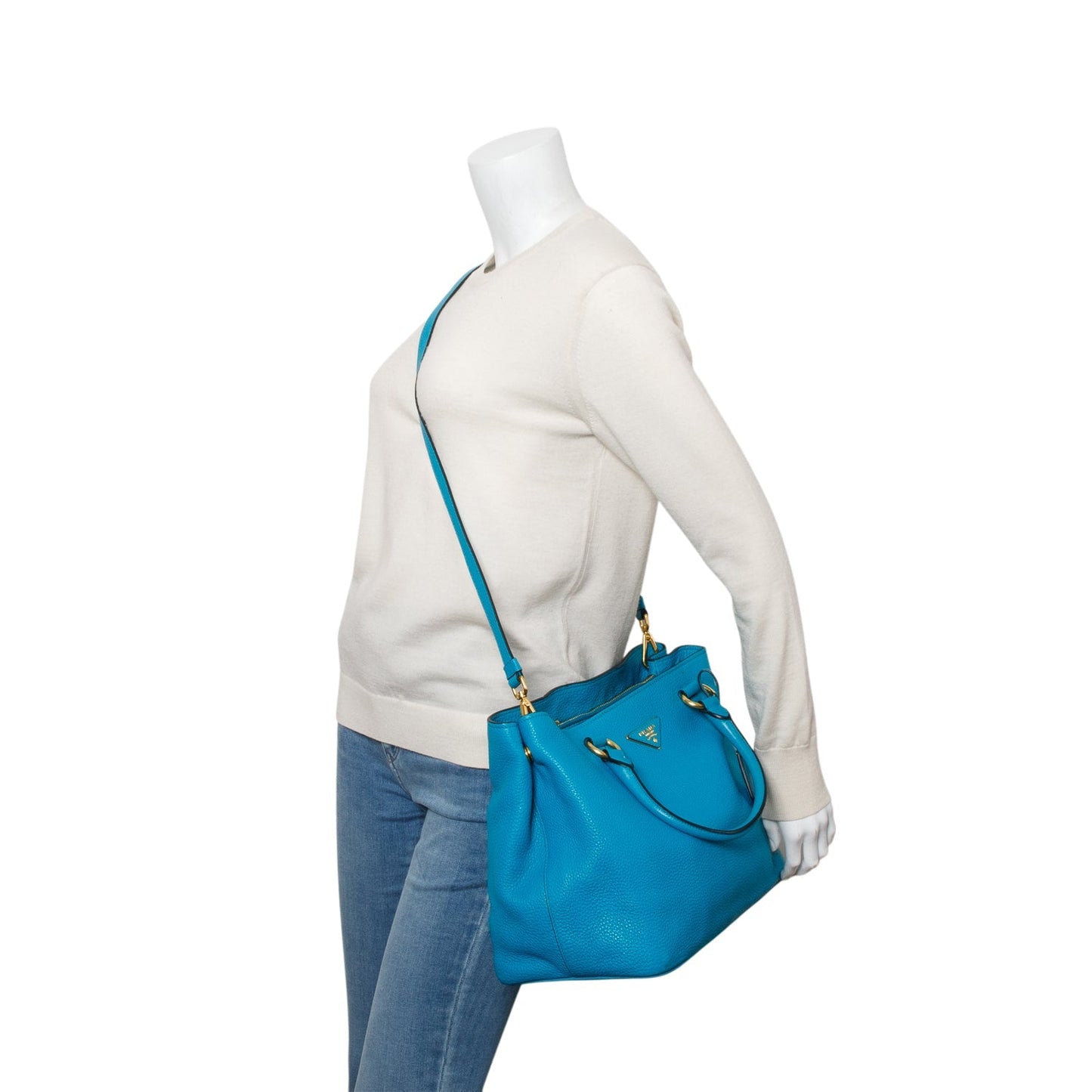 Prada Blue Vitello Daino Convertible Tote