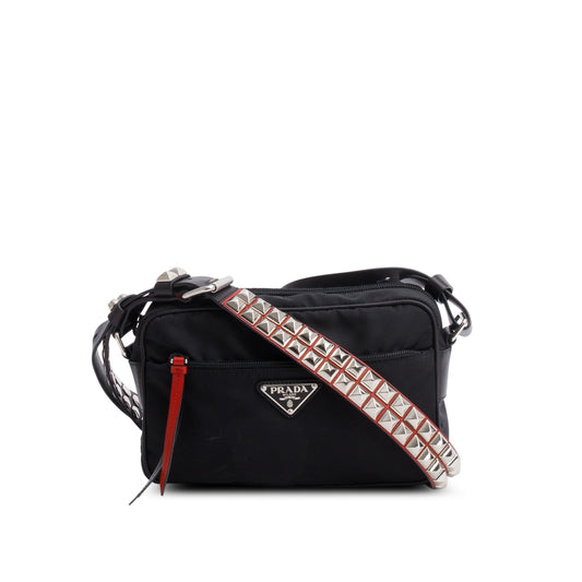 Prada Black Tessuto Nylon Studded New Vela Shoulder Bag