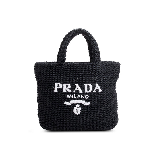 Prada Black Yarn Raffia Effect Crochet Small Logo Tote
