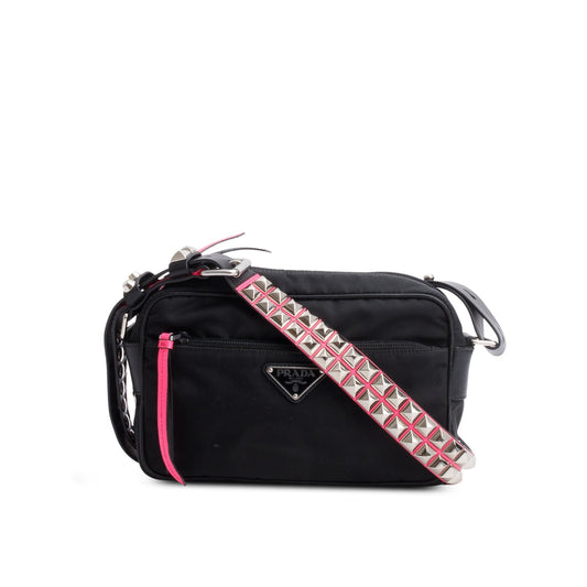 Prada Black Tessuto Nylon Studded New Vela Shoulder Bag