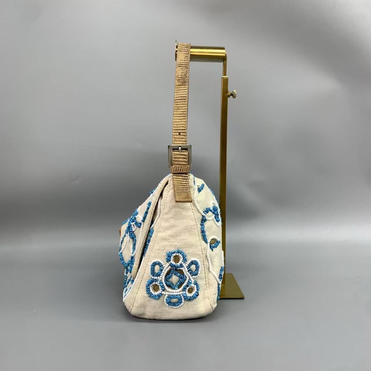 Fendi Mamma Baguette Needlepoint White Canvas and Blue and White Stones Embroidery
