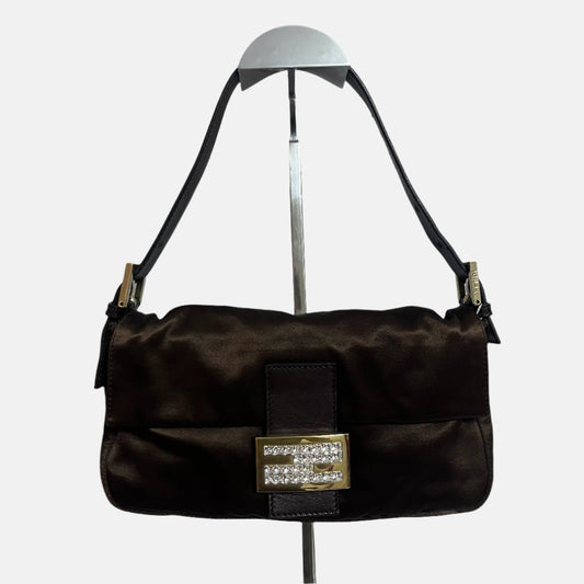 FENDI Baguette Brown Silk Satin with Crystal Buckle Shoulder Bag