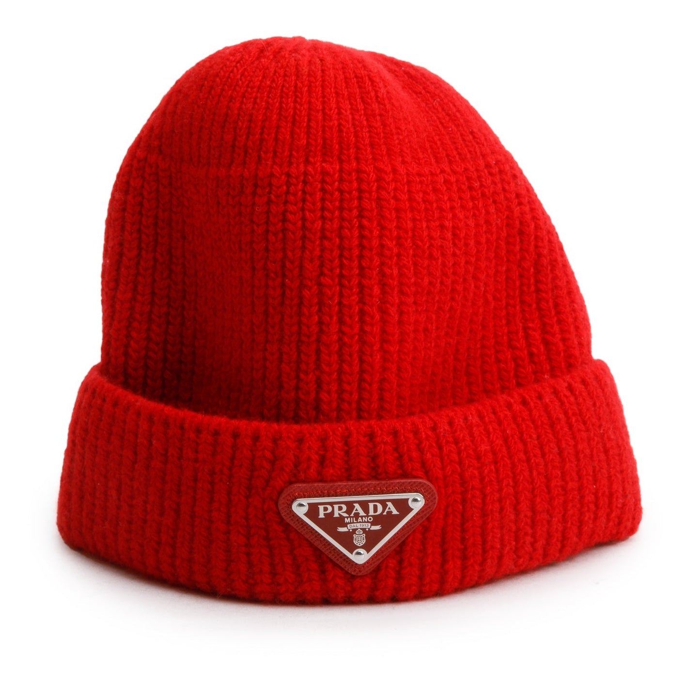 Prada Red Wool/Cashmere Metal Triangle Logo Beanie, Size M