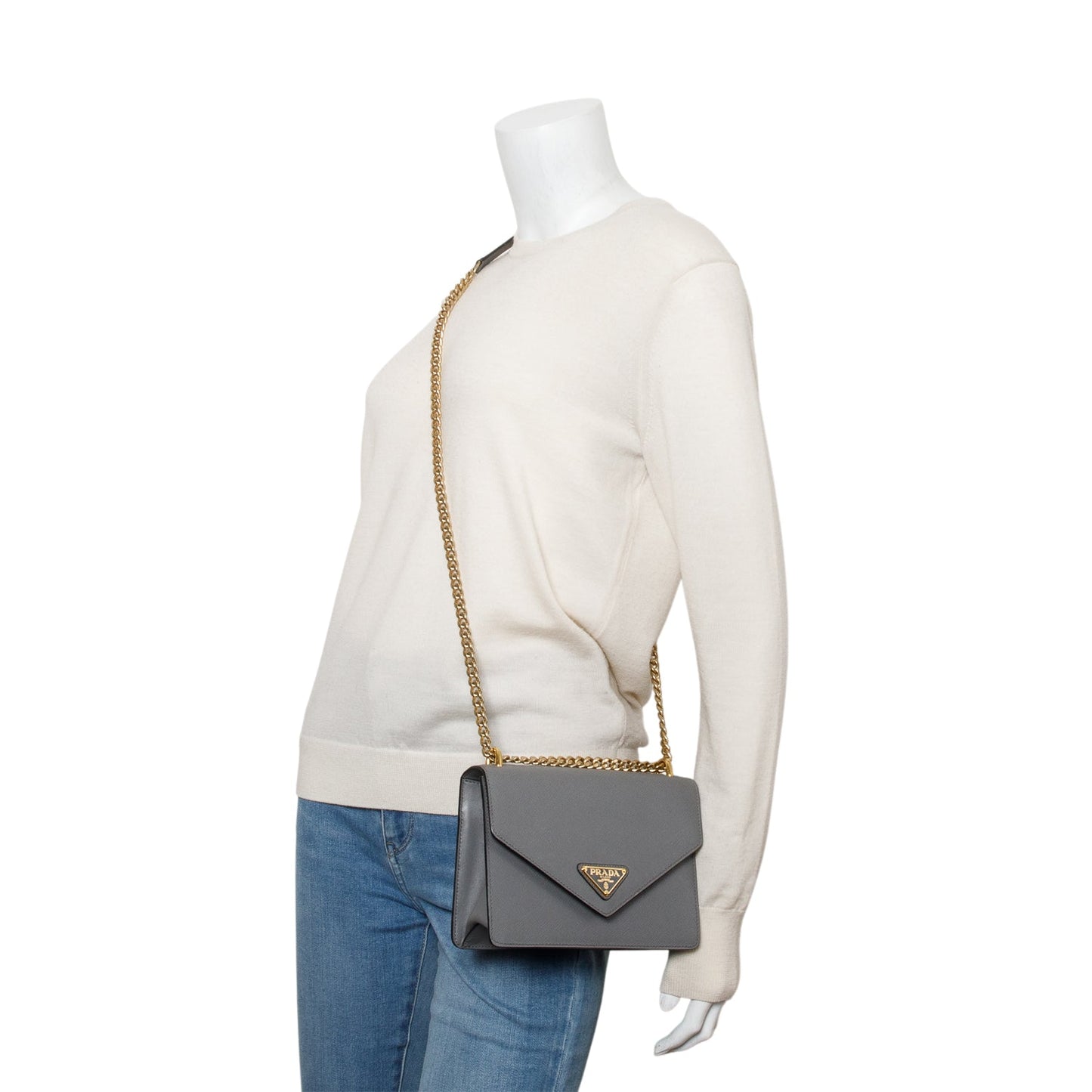 Prada Grey Saffiano Leather Envelope Shoulder Bag