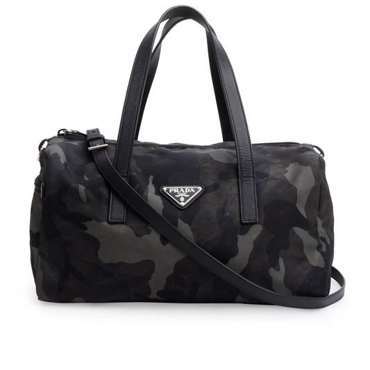 Prada Black Nylon Convertible Camouflage Small Boston Bag