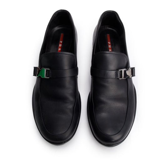 Prada Sport Black Leather Buckle Loafers, Men's Size 10