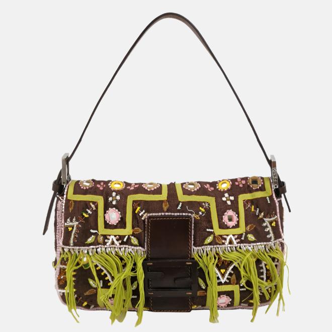 Fendi Baguette   Brown Canvas with embroidery sequins mirrors and tassels