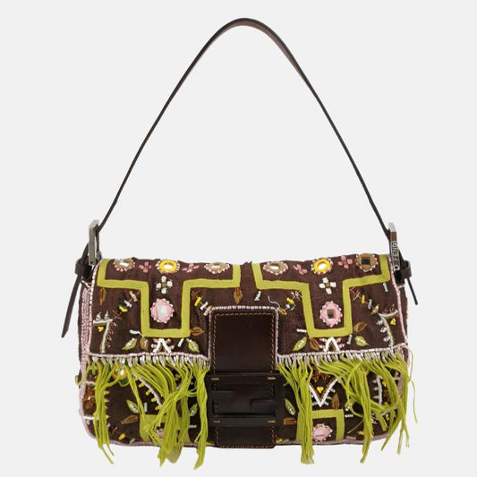 Fendi Baguette   Brown Canvas with embroidery sequins mirrors and tassels