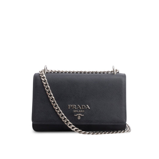 Prada Black Saffiano Lux Tessuto Nylon Flap Chain Crossbody Bag