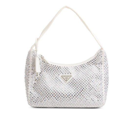 Prada White Satin Crystal Mini Re-Edition 2000 Bag