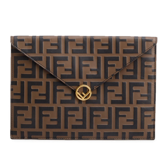 Fendi Brown Vitello Ceylon FF 1974 Embossed FF Diamonds Flat Envelope Pouch